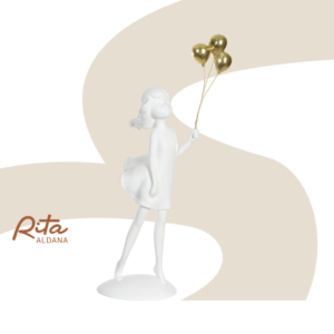 Escultura Menina com Balões Branco com Dourado