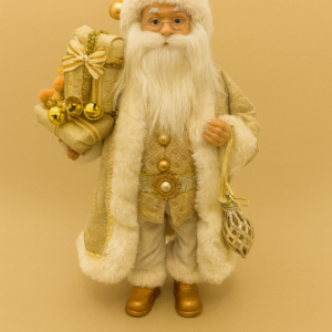 PAPAI NOEL ROUPA BRANCA E DOURADA COM ROSTO DE PORCELANA