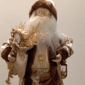 PAPAI NOEL ROUPA MARROM E BEGE DOURADO COM ROSTO DE PORCELANA (PEQUENO)