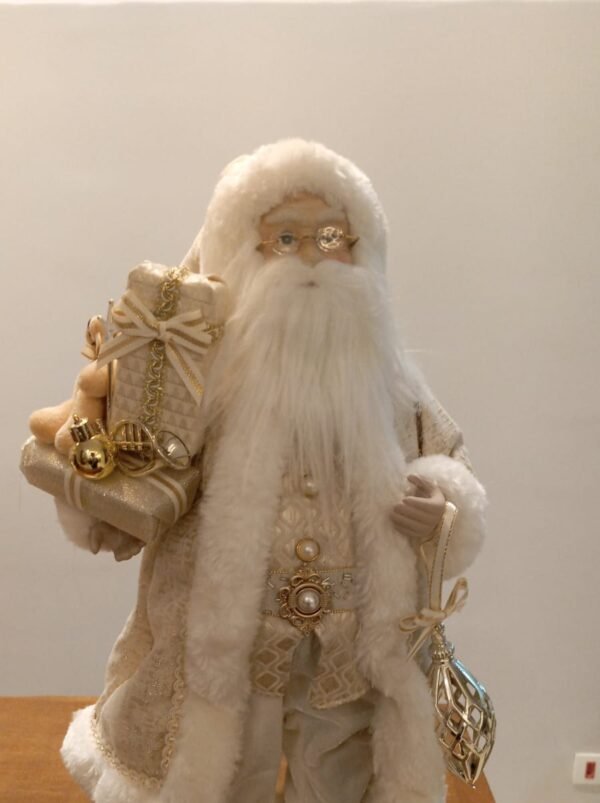 PAPAI NOEL ROUPA BRANCA E DOURADA COM ROSTO DE PORCELANA (PEQUENO)