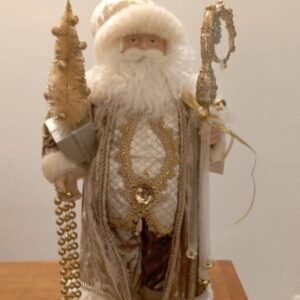PAPAI NOEL COM ROUPA DOURADA E BRANCA COM ROSTO DE PORCELANA (PEQUENO)