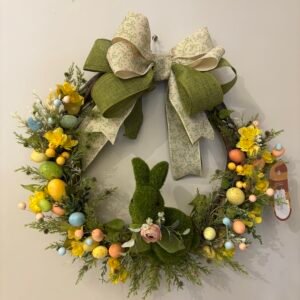 Guirlanda de Páscoa Decorativa 50cm Coelho Verde com Laço e Ovinhos